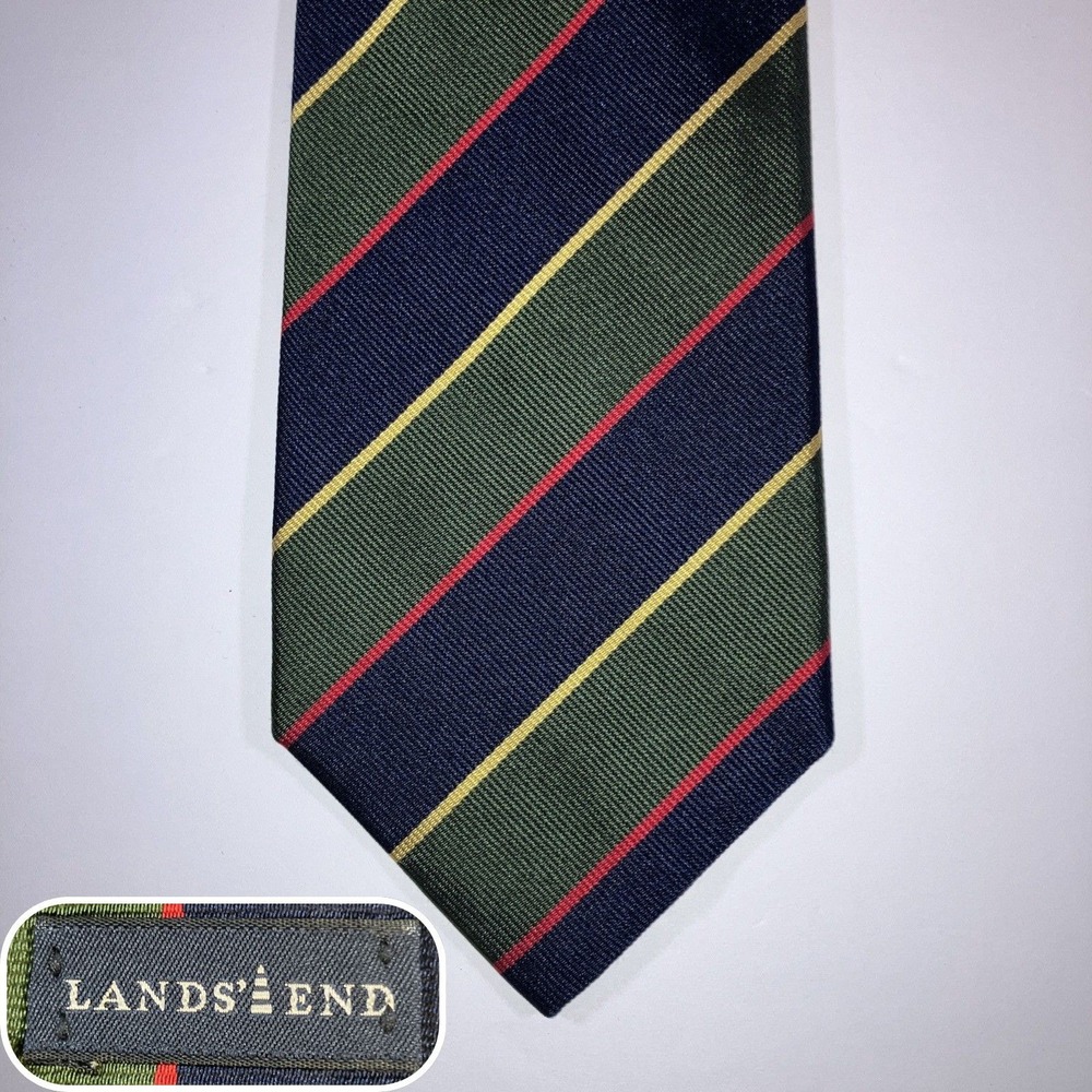 Vintage Lands' End Hand Sewn Repp Silk Tie Navy Green Regimental Stripe USA